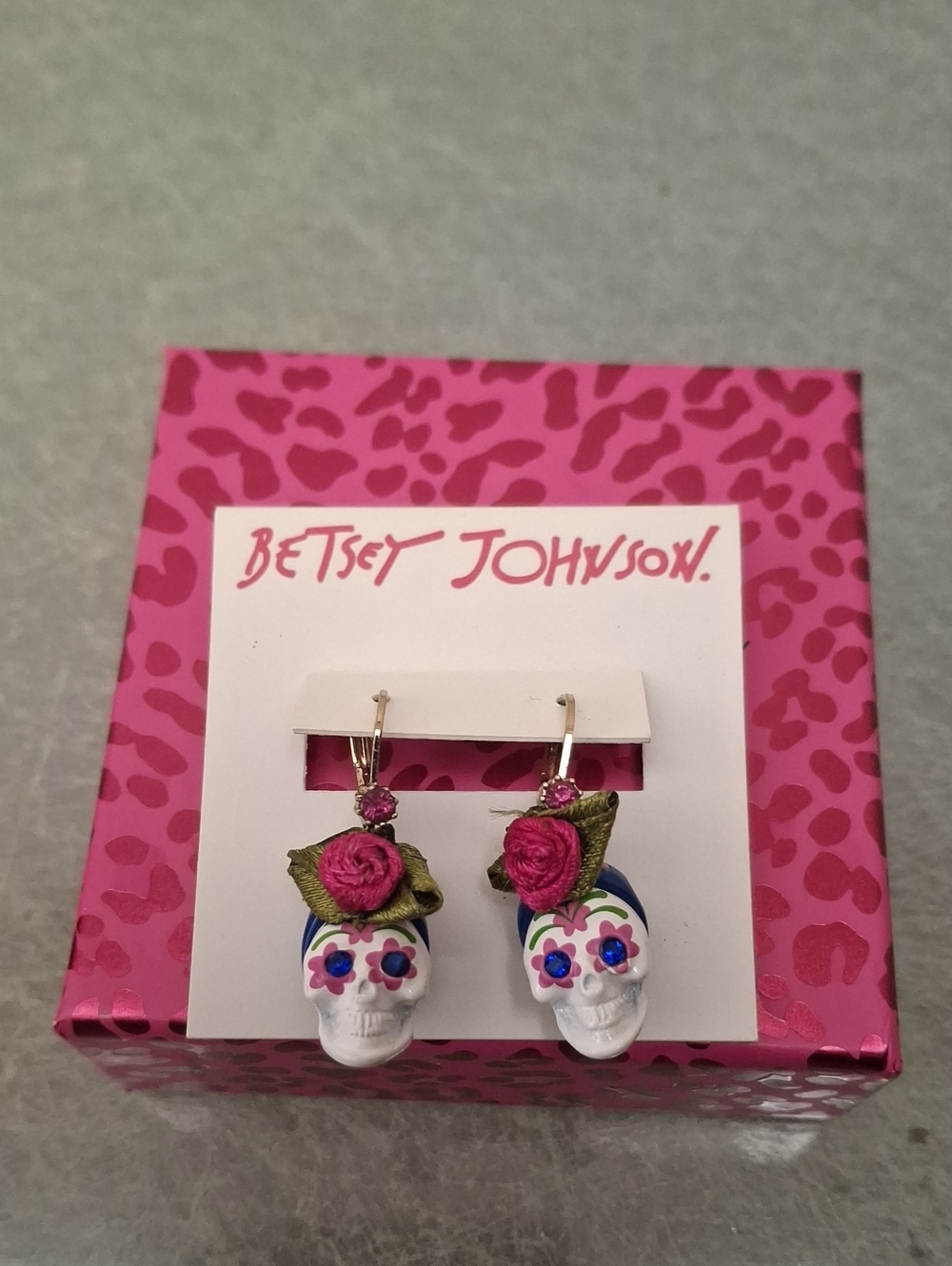 Betsey Johnson White Floral Sugar Skull Drop Earrings with Pink Roses